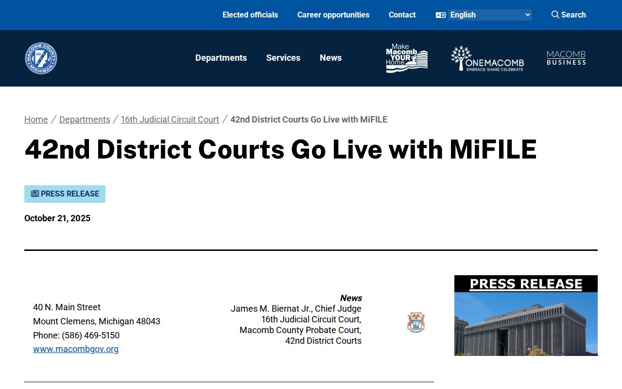 Macomb County civil court dockets and 42nd District MiFILE notice