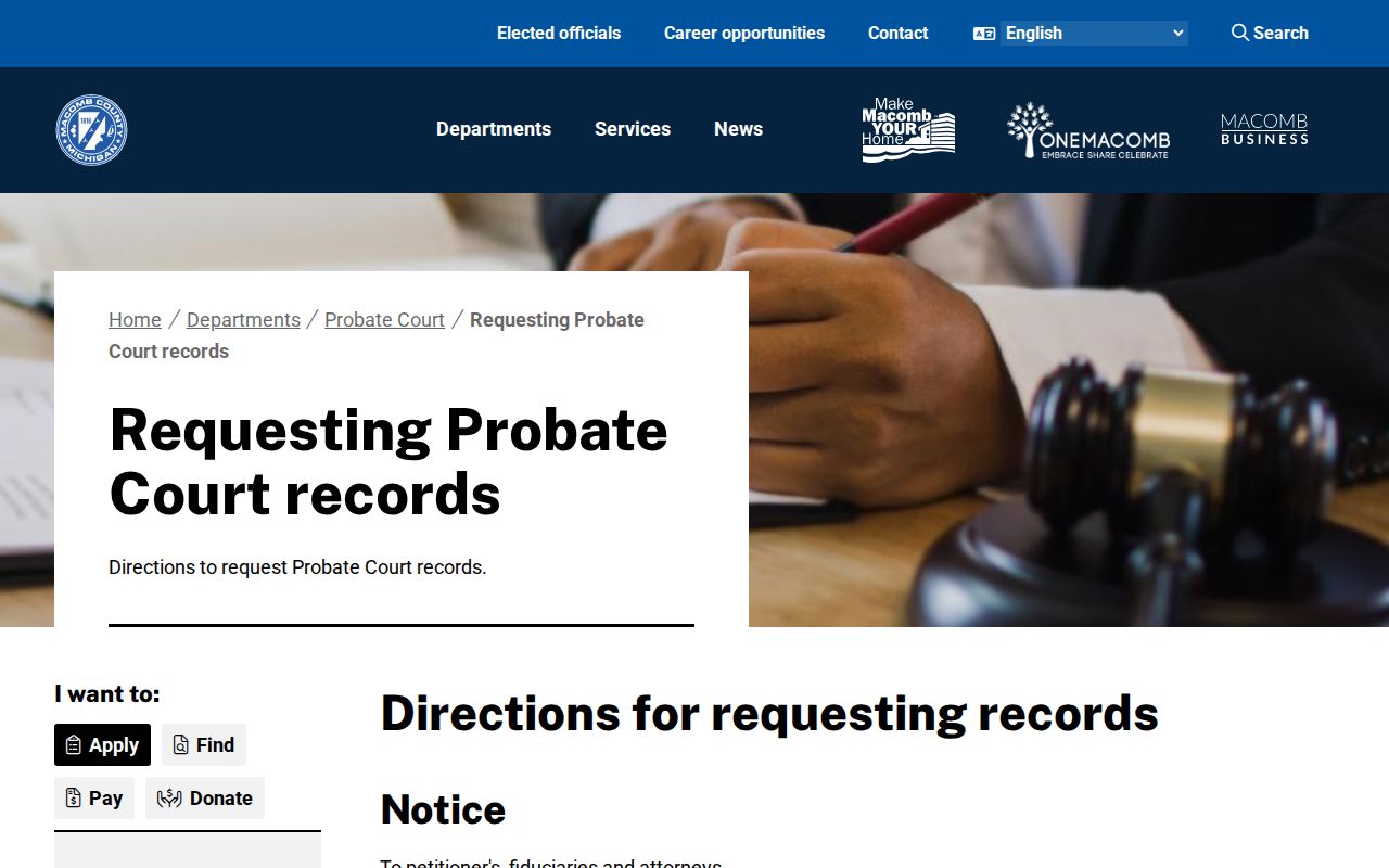 Macomb County civil court docket Probate records request instructions