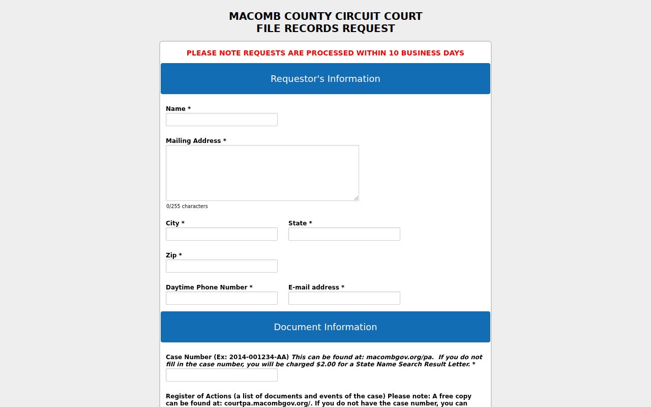 Macomb County court records online document order form