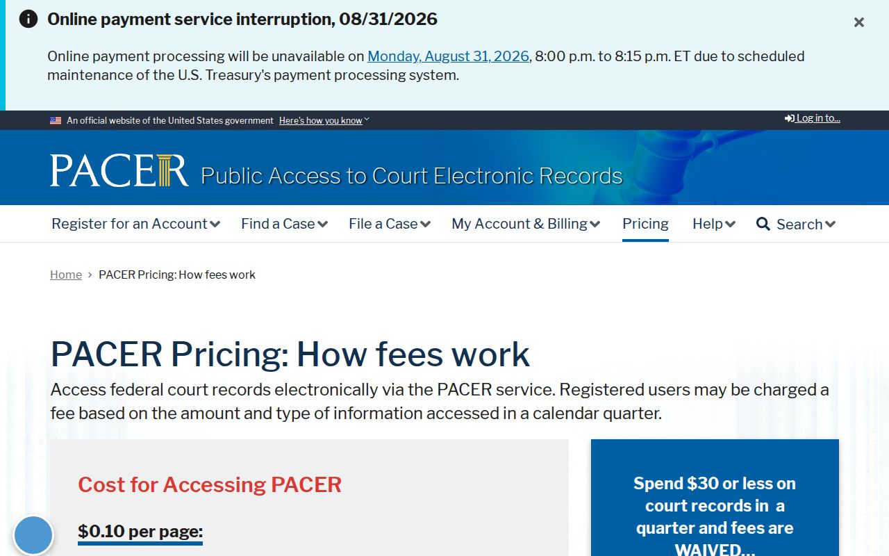 Macomb County federal court record docket access fee information