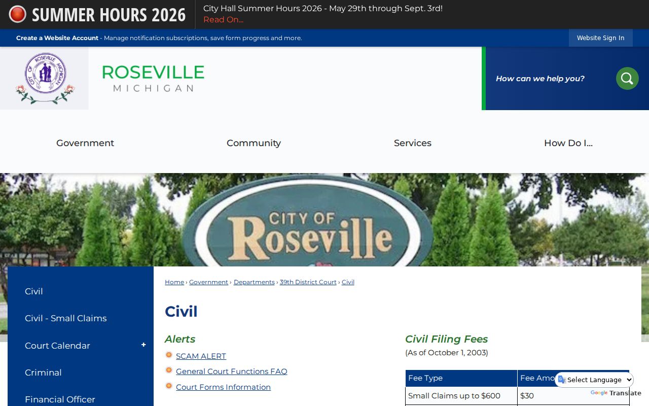 Macomb County Roseville court docket civil fees at 39th District Court